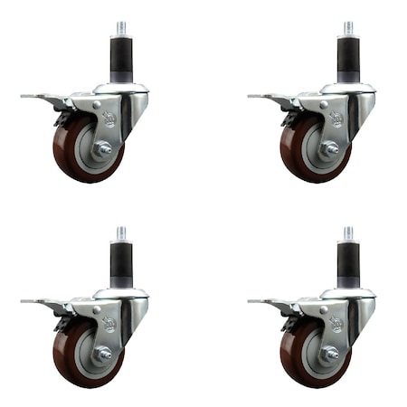 Service Caster 3'' Maroon Poly Swivel 1-1/4'' Expanding Stem Caster Set Total Lock Brake, 4PK SCC-EXTTL20S314-PPUB-MRN-114-4